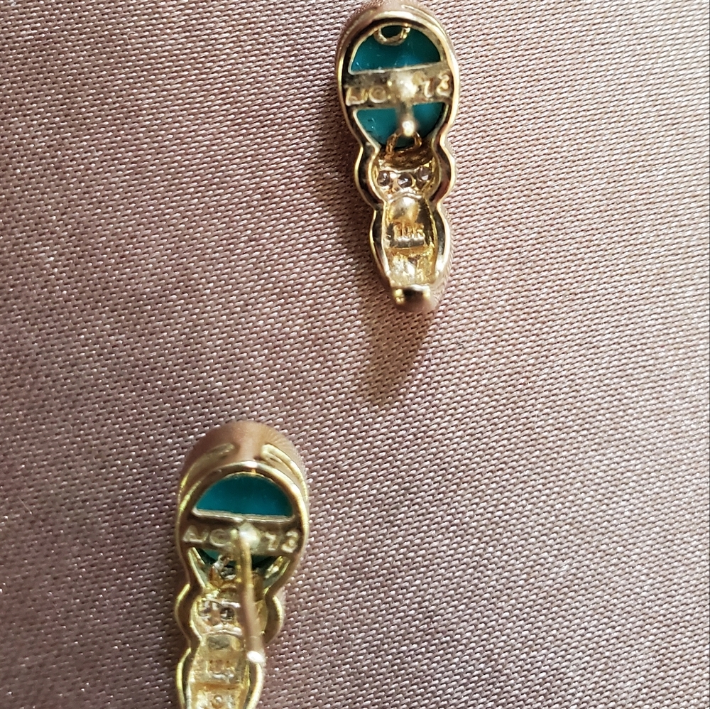Vintage 10k Gold Diamond Turquoise Earrings - Picture 7 of 9